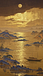 金箔岩彩，磨砂肌理绘画，中国风，金色系，杰作，大师构图，笔触感，肌理感。而或长烟一空，皓月千里，浮光跃金，静影沉璧，渔歌互答，此乐何极！磨砂肌理绘画，大面积贴金、描金、酒金，简洁，工笔，大气，装饰，壁画，复古，做旧，斑驳感，大面积留白，禅意