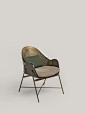 Shakedesign_Seatings_Roma armchair with ash wood structure in T46 tinta noce, curved backrest in perforated burnished brass, upholstered seat with leather P20T nabuk traforata seppia, back cushion in leather P30 nabuk liscio verde bosco