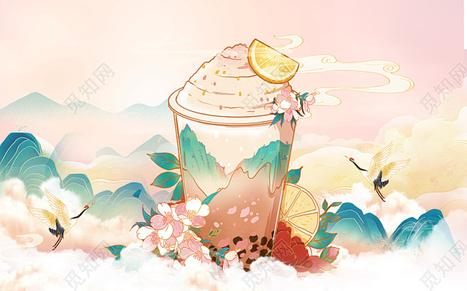 国潮风奶茶风景飞鹤祥云场景插画奶茶插画
