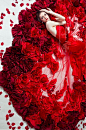 Dominique Nadine, Gorgeous artistic red floral roses flowers photo of woman in vibrant red fashion dress, colorful floral petals and flowers feminine romantic image