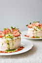 Pavlovas with Strawberries, Vanilla Cream, and Basil Coulis