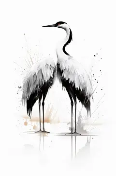 AI数字艺术中国风水墨仙鹤丹顶鹤手绘插画