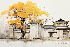 水墨徽派建筑插画绘画