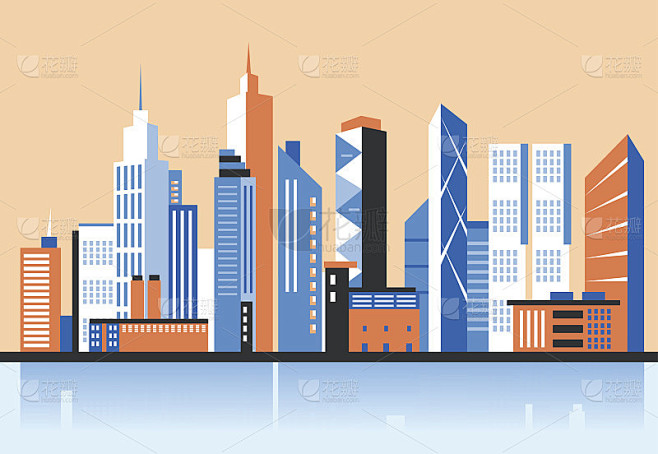 城市市区的风景。城里有摩天大楼。平面向量插图。