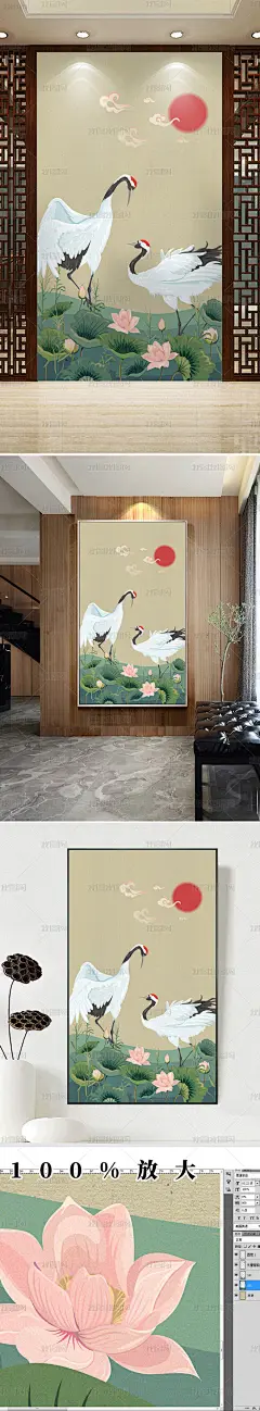 抽象仙鹤新中式手绘荷花淡雅玄关装饰画