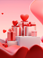 gifts with white boxes and hearts on valentines day background 3d visualization, in the style of carl kleiner, vibrant illustrations, light red, atey ghailan, ceramic, soft, romantic scenes, eye-catching