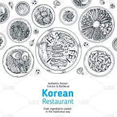 韩国食物俯视图插图。手绘草图。韩国街头小吃，外卖菜单设计。矢量插图。