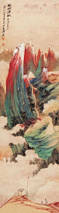 青绿山水国画
张大千（Chang Dai-Chien），男，四川内江人，祖籍广东省番禺，1899年5月10日出生于四川省内江市中区城郊安良里的一个书香门第的家庭，中国泼墨画家，书法家。
20 世纪50年代，张大千游历世界，获得巨大的国际声誉，被西方艺坛赞为“东方之笔”。