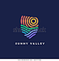 Line art emblem Sunny Valley. Line logotype for wine yards or landscape with hills and stripes.