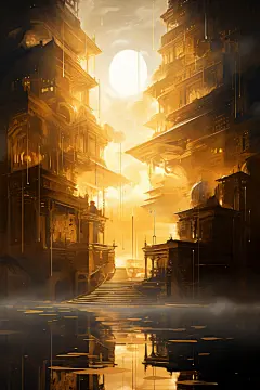 云雾缭绕古风古韵金线城市建筑插画