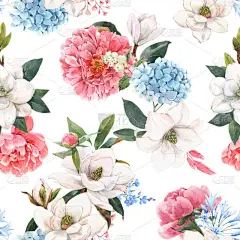 美丽的无缝图案，手绘水彩画，柔和的白色木兰花和水仙花。库存说明.