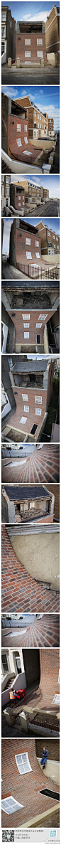 #求是爱设计#滑落的立面。英国艺术家Alex Chinneck把这座废弃了11年的旧房子，用弧形砖，玻璃等打造成了错觉上的滑向街边，废墟成了一件公众艺术品。