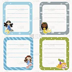 可爱的卡片或贴纸与美人鱼的主题设计。