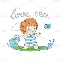 一个孩子在冲浪板上冲浪的插图