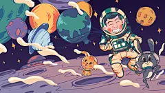 手绘大气笑脸宠物宇宙星球太空插画