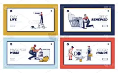 电器服务的概念。网站登陆页面。修理工正在修理家用电器.维修服务预约。网页卡通线形轮廓平面风格.矢量图