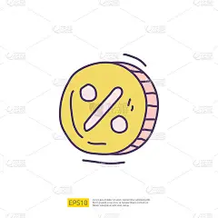 百分比折扣硬币图标符号符号与涂鸦手绘风格矢量插图