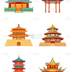 素材组合-手绘-传统中国风建筑贴纸