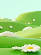 3d green field with green hills and daisies, in the style of neo-geo minimalism, cute cartoonish designs, minimalist still lifes, ultra hd, resin, close up, minimalistic landscapes