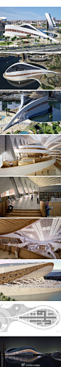 【伊拉克新国家图书馆】新国家图书馆位于青年城总体规划的核心位置“一座泪滴形的半岛上”。建筑面积45000平米，由英国AMBS Architects设计公司设计。图书馆赋予张力与力量感的外形以及浪漫而激情室内空间，赋予这个城市新的力量！据称这是自20世纪70年代以来伊拉克新建的第一座公共图书馆。