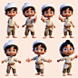 一个可爱的阿拉伯小男孩的角色模型示例，具有不同的姿势，黑发，微笑，笑脸，穿着传统的阿拉伯衣服和帽子，白色长 kandura，采用迪士尼和皮克斯动画风格