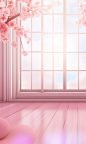 a pink colored wooden floor, in the style of romantic illustrations, windows vista, soft, romantic scenes, cherry blossoms, 32k uhd, romantic charm, unique framing and composition