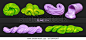 Set of green and purple realistic slimes on a black background. Vector illustration with mesh gradients.