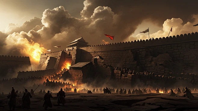 秦国古代攻城战，破损的城墙，远处还有战火，低饱和度，史诗般的构图，超精细，真人写真，电影海报，高清画质，真实的感觉-花瓣网