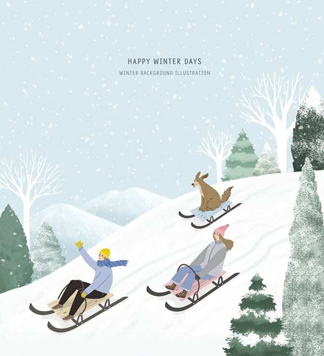 狗狗 情侣 雪橇 雪地滑雪 圣诞插图插画...