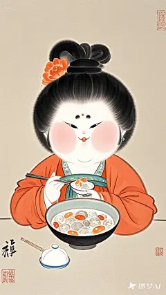 全景,水墨插画,极简主义，胖改的唐代可爱微胖美少女插画,燕窝是贵妇的胶原蛋白，脸蛋砰砰，现代人物与古风工笔画结合，画风细腻成熟，独特的“大脸”风格，识别度高，人物讨喜又不失韵味，可爱的Q版唐代风俗画，