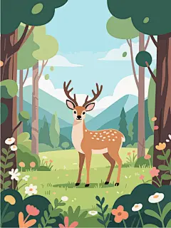 手绘风森林小鹿野外场景插画