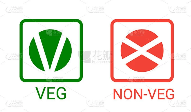 素食，非素食-素食和非素食标记在印度，斯里兰卡，巴基斯坦。包装食品和牙膏产品的绿色标志。食物图标符号素材-花瓣网
