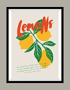 极简抽象海报 | 图源免费矢量文件 |  点击来源直接获取大图文件 |装裱在相框中的极简主义手绘柠檬矢量印刷海报。适用于明信片、品牌宣传、标志设计和贺卡的艺术作品