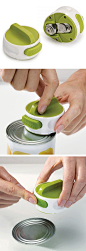 Compact Can Opener // attaches and locks onto lid, so you can open the can using the easy-twist mechanism. Simply press the button to release the lid! #product_design