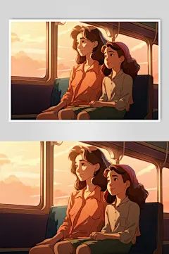 AI数字艺术春运回家坐车人物插画