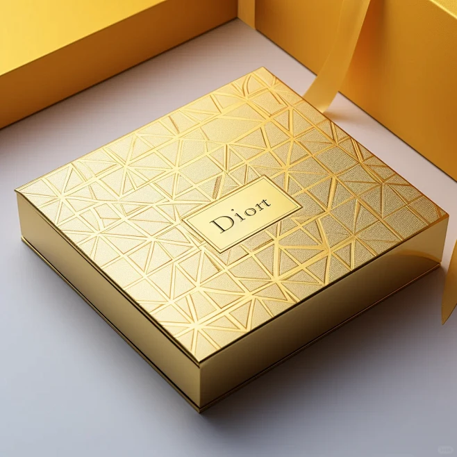 关键词：Dior gift box design, gold foil stamped camellia pattern, bold ...