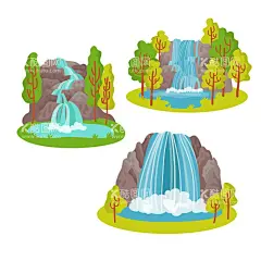瀑布   - 源文件下载【酷图网】瀑布,卡通,手绘,风景,大自然,水流,山水风光,跌水,垂直跌落,垂水,流动的河水