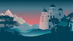 圣托里尼风格建筑与壮丽山景的数字艺术插画