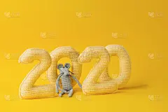 新年快乐理念。2020年织了黄色数字，黄色背景上是鼠年的象征。节日趣味装饰，节日符号，派对，单色