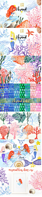 美人鱼与海水彩剪贴画 Mermaid sea. watercolor clipart  