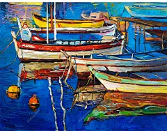 现代抽象手绘画油画小船只湖畔挂画装饰画高清壁纸JPG背景图素材-淘宝网