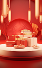 3d illustration scene of red gift bag with red gifts and box, 3d rendering reklama, in the style of light orange and light gold, circular shapes, chuah thean teng, interior scenes, vibrant stage backdrops, oriental, tondo