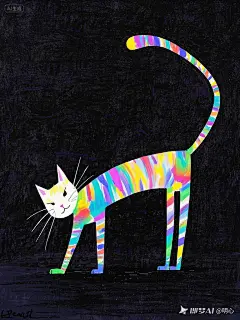 jimeng-2025-06-26-8402-超奇创意，绘本插画，画面简单不凌乱，三分构图，任意造型，诡异的颜色探入，猫的高调