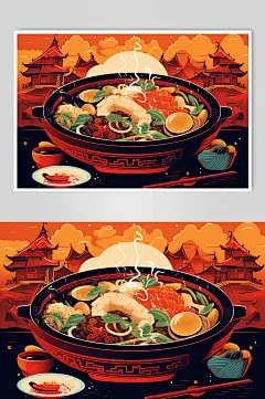 AI数字艺术国潮风火锅美食插图插画-众图网