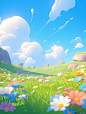 3D illustration of a cute grassland with many flowers, a blue sky and white clouds, a green meadow in spring, a cartoon game scene with a simple background, soft gradient colors and soft light, bright colors and high quality, in the style of artstation. -