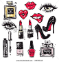 Big vector fashion sketch set. Hand drawn graphic lips, eye, heels, perfume, mascara, lipstick, nail polish. Contrasty glamour fashion inky sketch in vogue style. Isolated elements on white background - stock vector