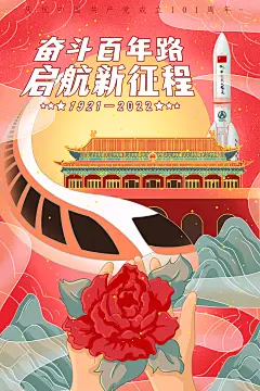 建党日天安门高铁插画海报