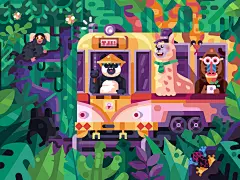 Places and Colors for Gallery: the Game : Colorful flat illustrations with places and quirky creatures made for mobile coloring game.
