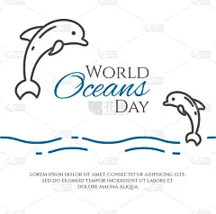 一对海豚在白色的背景上跳跃在世界海洋日的横幅上。