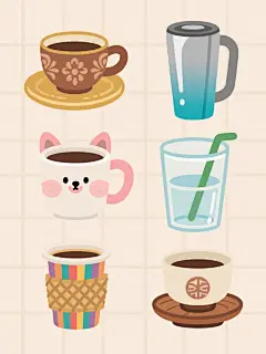 一系列6个造型各异的卡通风格咖啡杯插画，保持咖啡杯主体内容，采用规整的网格排布在浅色背景上。每个咖啡杯拥有独特造型：1. 复古花纹陶瓷杯配金色杯碟，暖棕色系；2. 未来感流线型保温杯，银灰与亮蓝渐变；3. 手绘风格马克杯带可爱动物耳朵，粉白配色；4. 简约几何造型玻璃杯，透明质感配绿色吸管；5. 波西米亚风编织杯套纸杯，多彩条纹图案；6. 日式和风茶杯配木质托盘，米白与深棕搭配。所有杯子均保持圆润卡通轮廓，简洁线条，扁平化设计，色彩明快，整体形成和谐统一又各具特色的系列感。